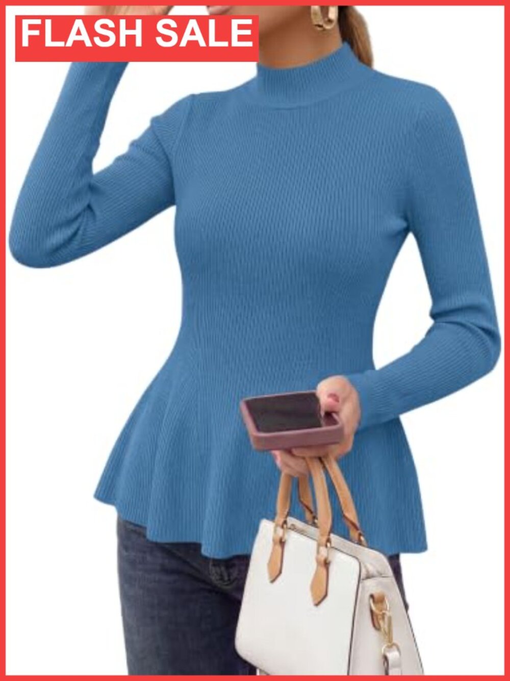 Women's Long Sleeve Peplum Sweater Ribbed Knit Pullover